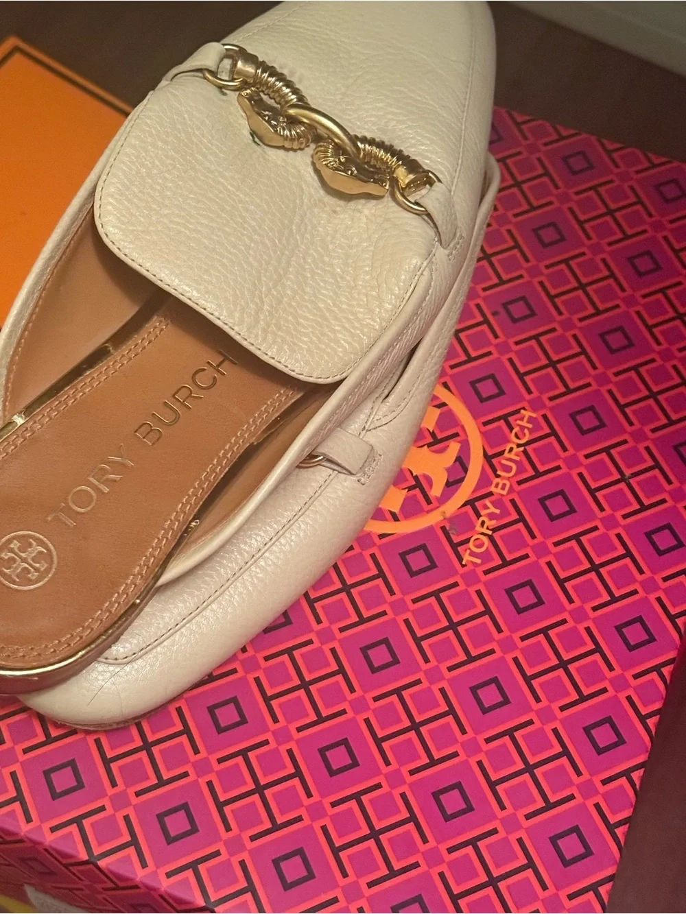 Tory Burch Cream Leather Chain-Trim Mules